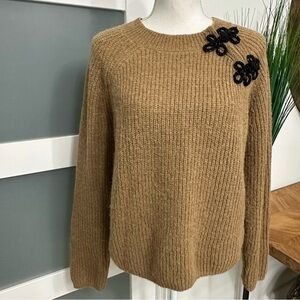 J. Crew Alpaca Wool Blend Ribbed Sweater Tan Beaded Clasps Large Holiday Top